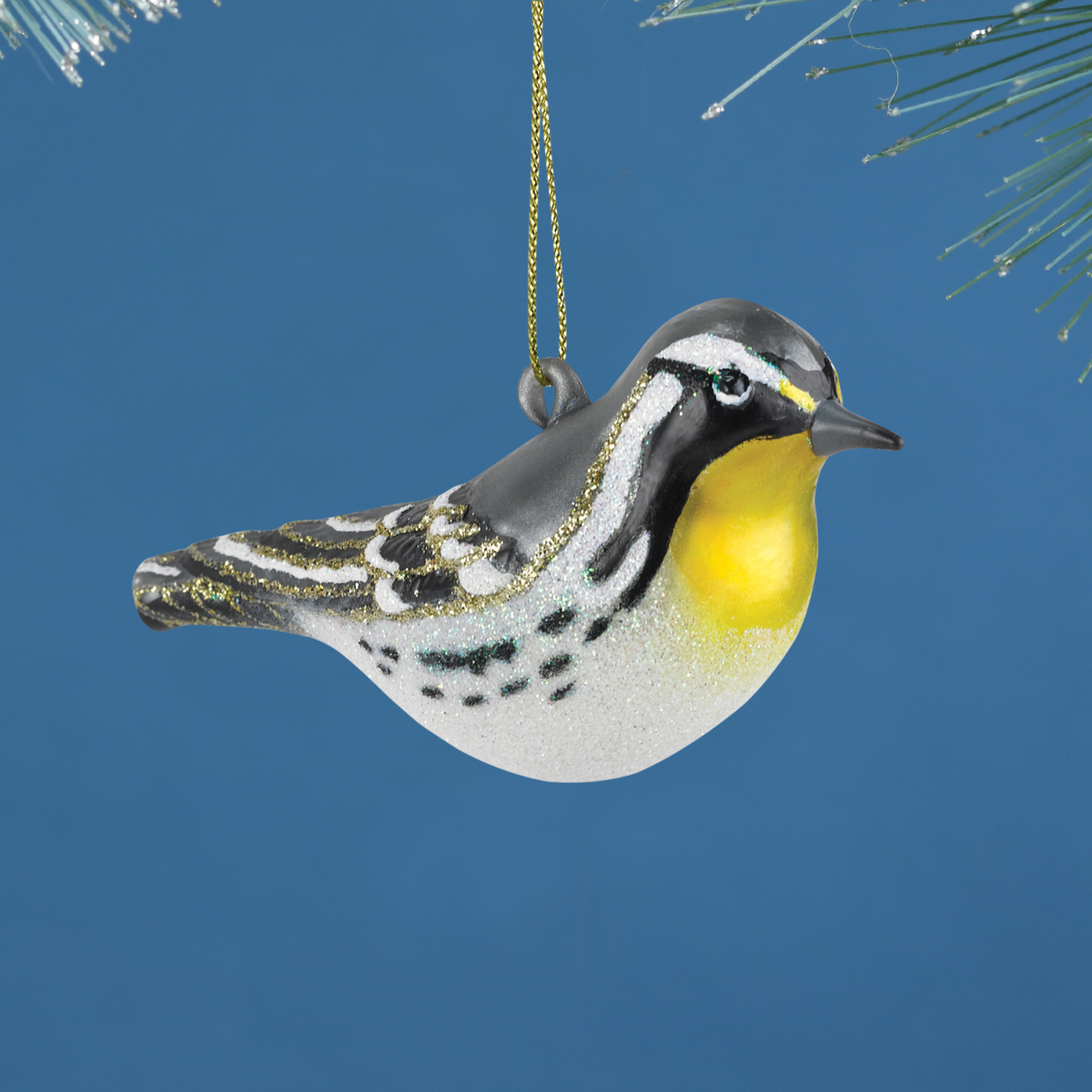 Blown Glass Bird Ornament Yellow Throated Warbler